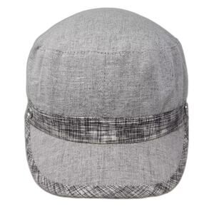 D&Y Army Cap Gray Black OS 100% Linen Elastic Back Plaid Band Side Buttons Hat